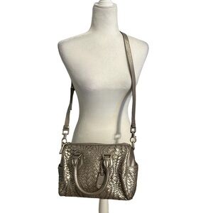 Cole Haan Woven Leather Metallic Taupe Sachel Crossbody Boston Bag Handbag Purse